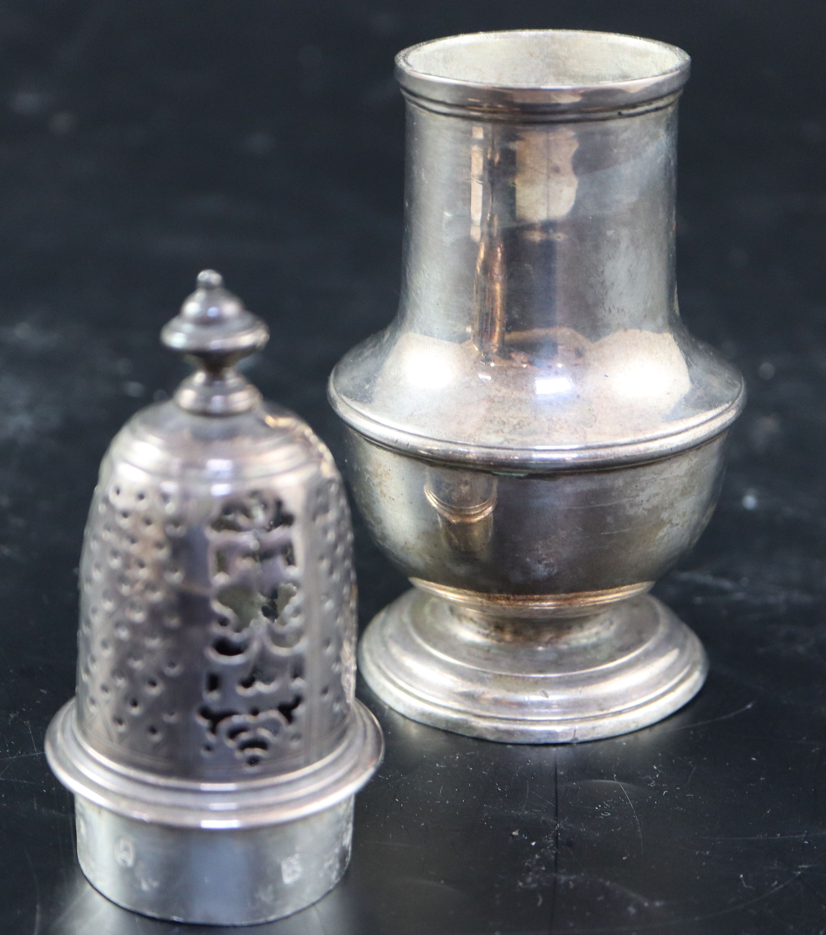 A George II silver baluster sugar caster, 16.1cm, 5.5oz.